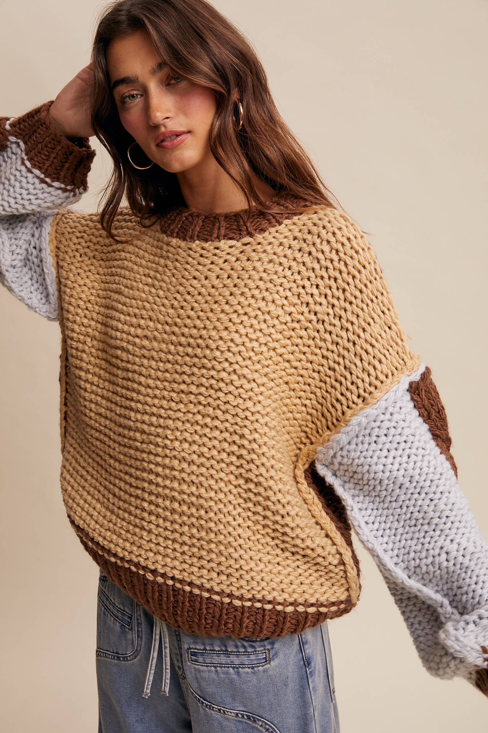Hand-Knit Colorblock Chunky Pullover