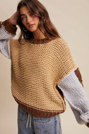 Hand-Knit Colorblock Chunky Pullover