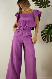 Ruffle sleeve top with wide leg pants set
