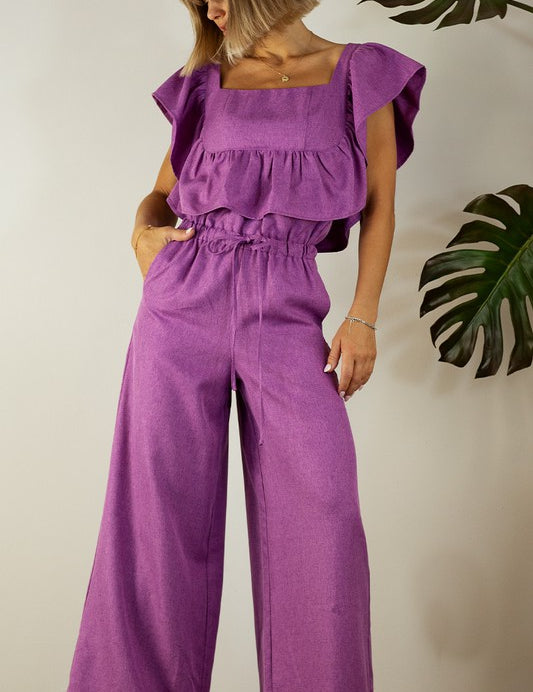 Ruffle sleeve top with wide leg pants set
