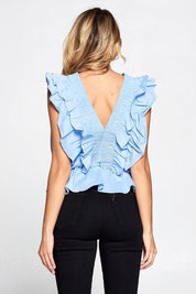 Blushin Blue V-Neck Ruffle Top