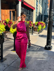 Mock Neck Satin Halter Jumpsuit