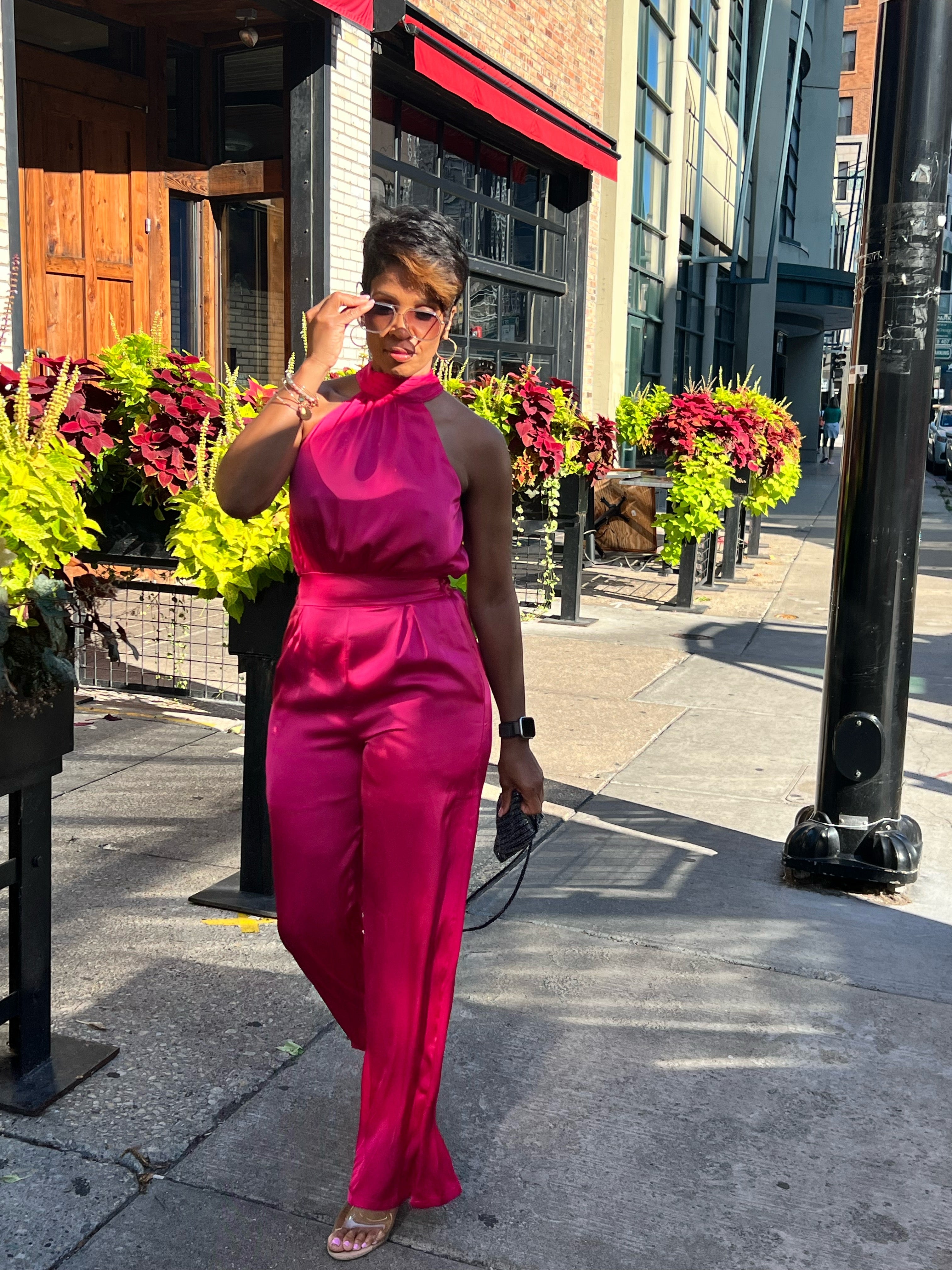 Mock Neck Satin Halter Jumpsuit