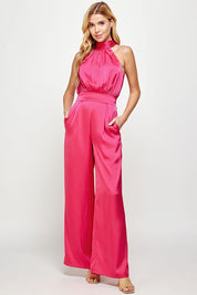 Mock Neck Satin Halter Jumpsuit