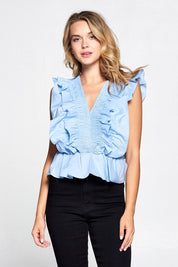 Blushin Blue V-Neck Ruffle Top